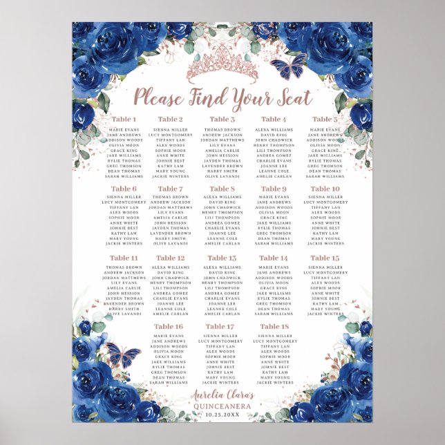 Quinceañera Royal Blue Floral Rose Gold Seating Poster (Front)