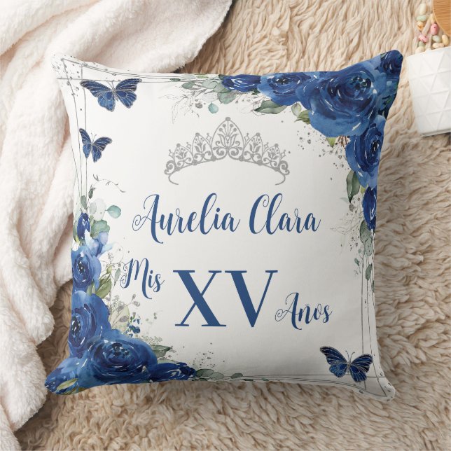 Quinceañera Royal Blue Floral Silver Butterflies Cushion (Blanket)