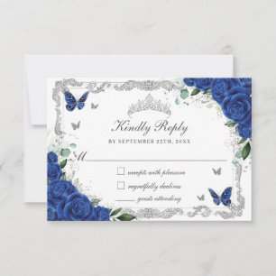Quinceañera Royal Blue Floral Silver Butterflies  RSVP Card