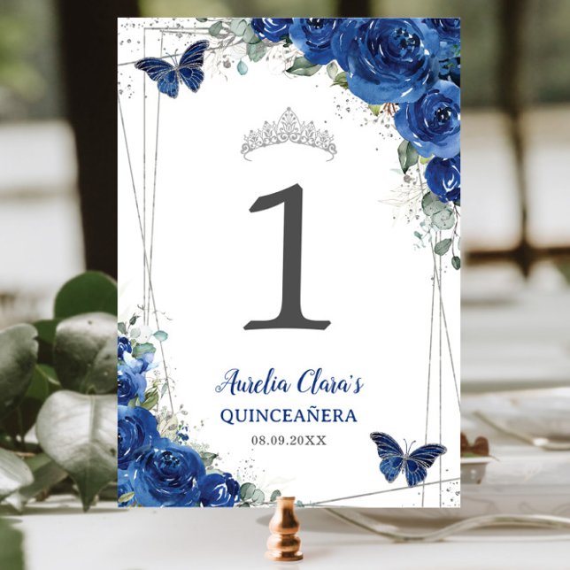 Quinceañera Royal Blue Floral Silver Butterflies Table Number (Creator Uploaded)