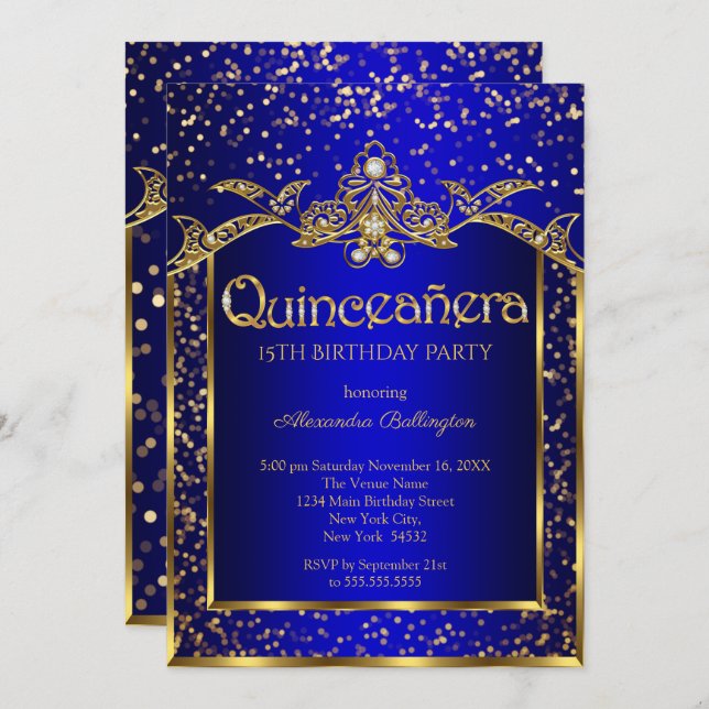 Quinceanera Royal Blue Gold Birthday Party Invitation (Front/Back)