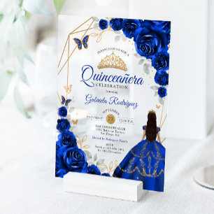 Quinceanera Royal Blue Gold Dress Acrylic Invitations