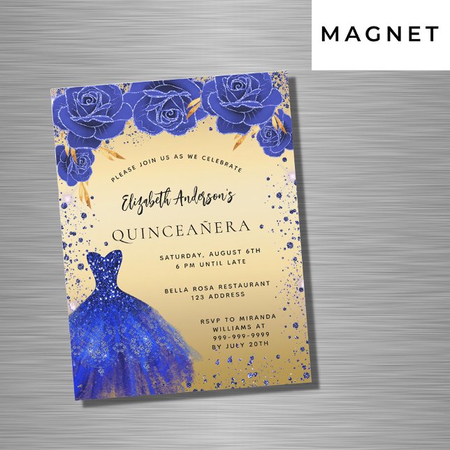 Quinceanera royal blue gold dress florals luxury magnetic invitation (Creator Uploaded)