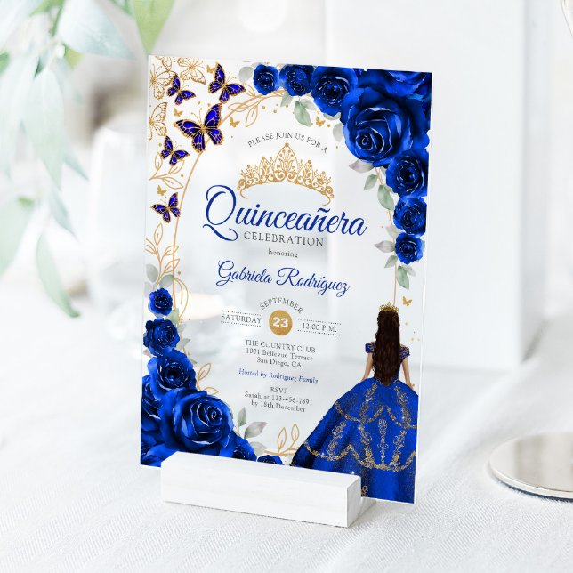 Quinceanera Royal Blue Gold Floral Acrylic Invitations (Creator Uploaded)