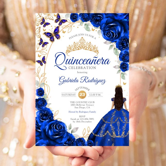 Quinceanera Royal Blue Gold Floral Invitation (Creator Uploaded)