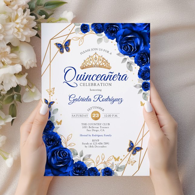 Quinceanera Royal Blue Gold Floral Invitation (Creator Uploaded)