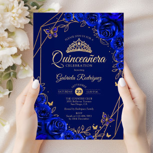 Quinceanera Royal Blue Gold Floral Invitation