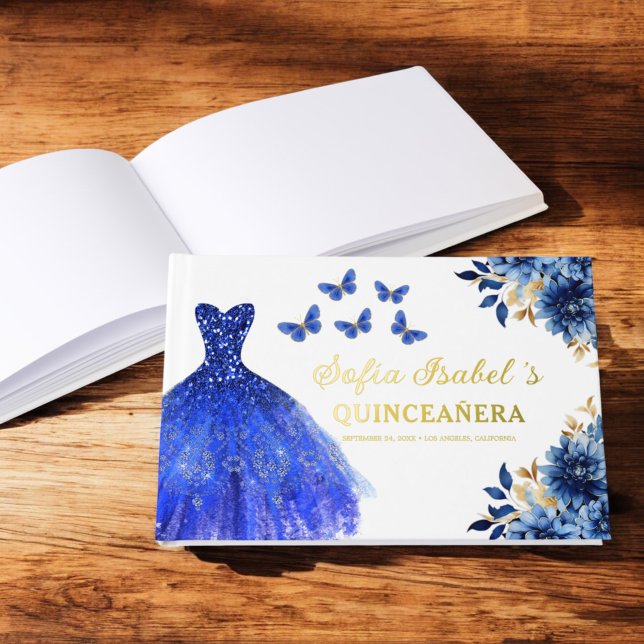 Quinceañera Royal Blue Gold Princess Butterflies Guest Book (Creator Uploaded)