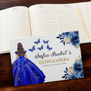 Quinceañera Royal Blue Gold Princess Butterflies Guest Book