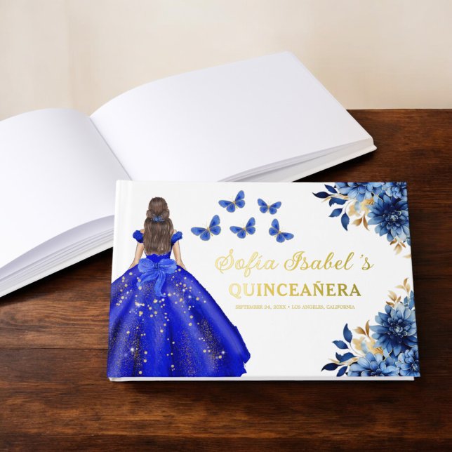 Quinceañera Royal Blue Gold Princess Butterflies Guest Book (Creator Uploaded)
