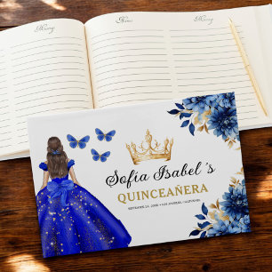 Quinceañera Royal Blue Gold Princess Butterflies Guest Book