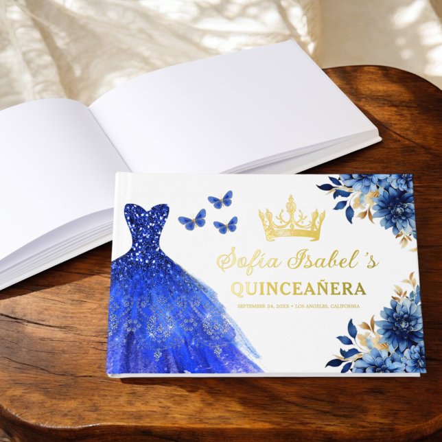 Quinceañera Royal Blue Gold Princess Butterflies Guest Book (Creator Uploaded)