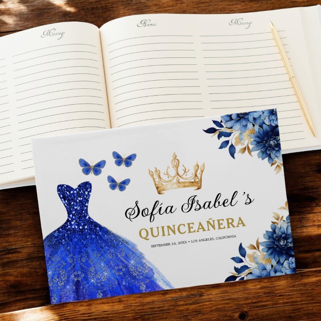 Quinceañera Royal Blue Gold Princess Butterflies Guest Book (Creator Uploaded)