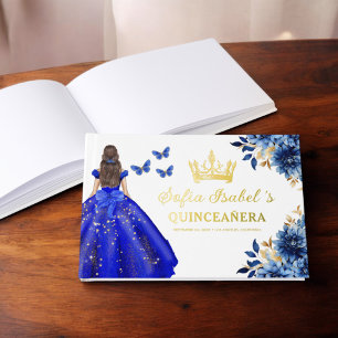 Quinceañera Royal Blue Gold Princess Butterflies Guest Book