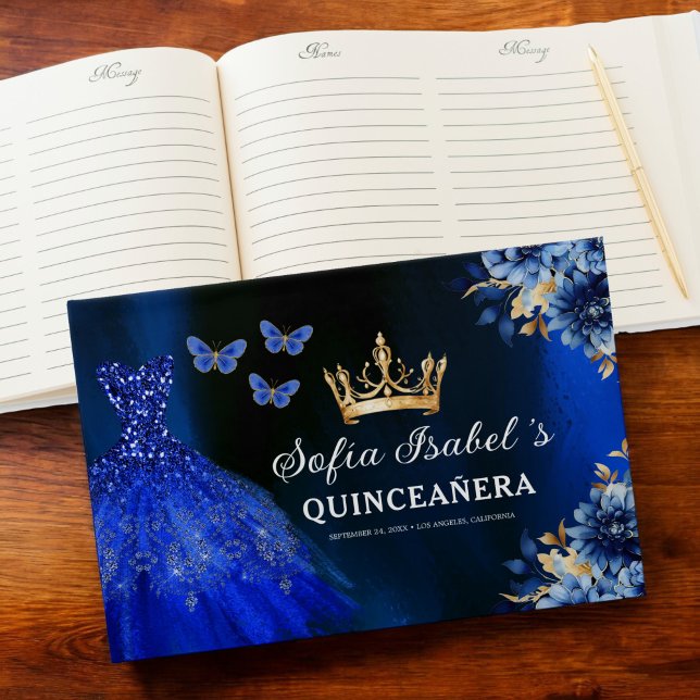 Quinceañera Royal Blue Gold Princess Butterflies Guest Book (Creator Uploaded)