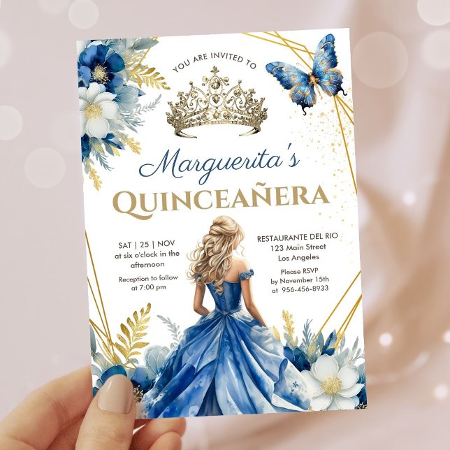 Quinceañera Royal Blue Gold Tiara Floral Butterfly Invitation (Creator Uploaded)