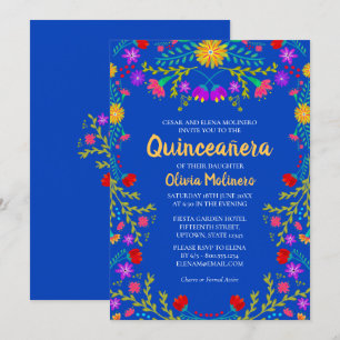 Quinceanera Royal Blue Mexican Flowers Birthday Invitation