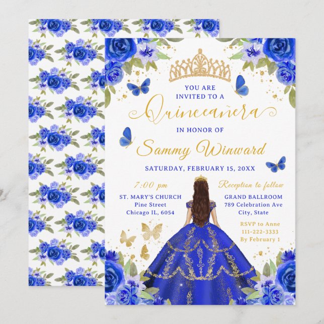 Quinceañera Royal Blue Princess Brunette Girl Invitation (Front/Back)