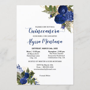 Quinceanera Royal Blue Roses Mass & Reception Invitation