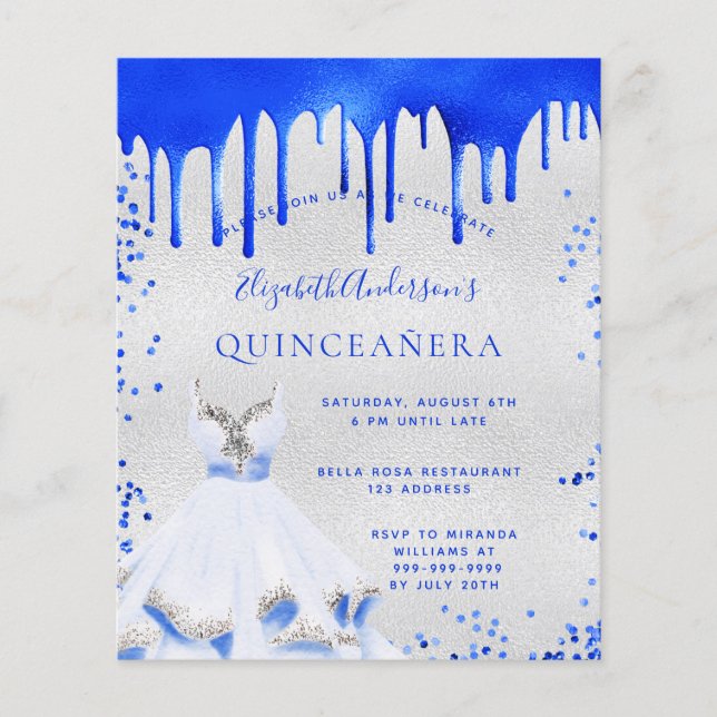 Quinceanera royal blue silver budget invitation flyer (Front)