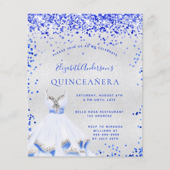 Quinceanera royal blue silver budget invitation flyer (Front)