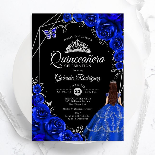 Quinceanera Royal Blue Silver Dress Floral Invitation (Creator Uploaded)