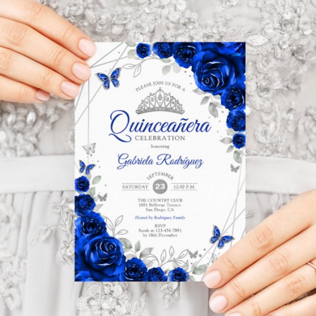 Quinceanera Royal Blue Silver Floral Invitation (Creator Uploaded)