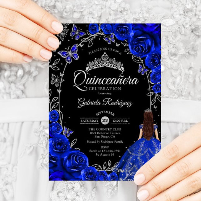 Quinceanera Royal Blue Silver Floral Invitation (Creator Uploaded)