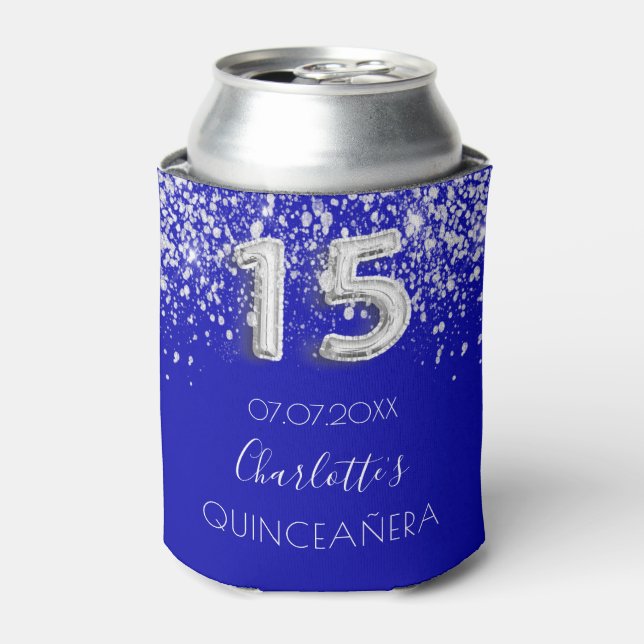 Quinceanera royal blue silver glitter dust name can cooler (Can Front)