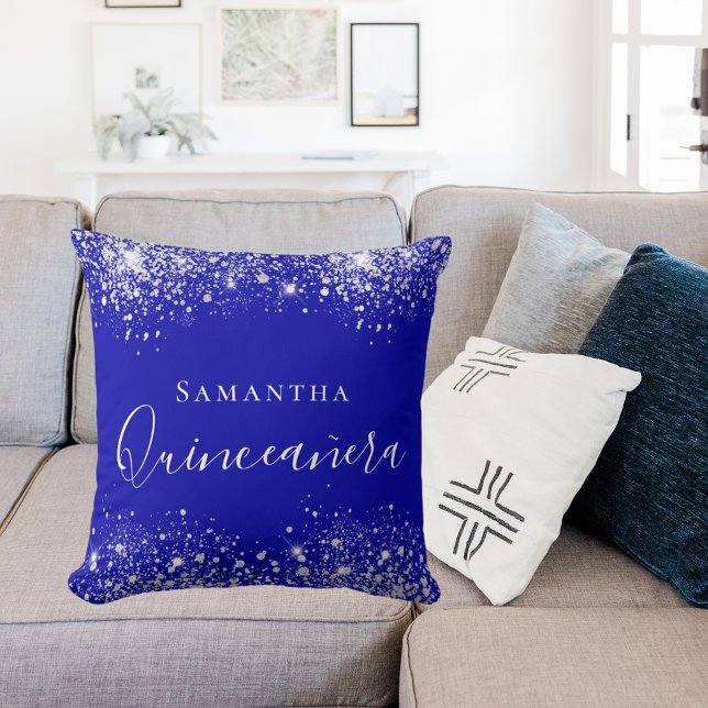 Quinceanera royal blue silver glitter dust name cushion (Creator Uploaded)