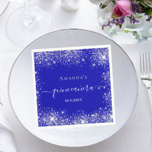 Quinceanera royal blue silver glitter monogram napkin