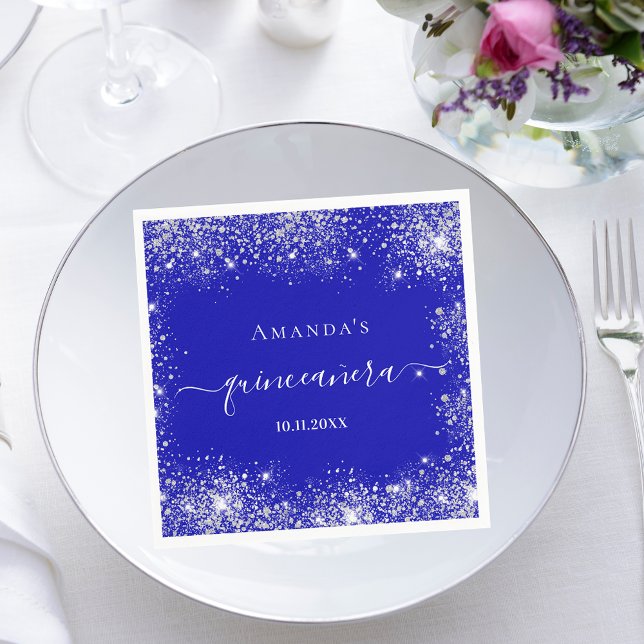 Quinceanera royal blue silver glitter monogram napkin (Creator Uploaded)