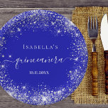Quinceanera royal blue silver glitter monogram paper plate<br><div class="desc">For a girly and glamourous Quinceañera,  15th birthday party.  A royal blue background with elegant faux silver dust.  Personalise and add a name.  White letters. Quinceañera is written with a modern hand lettered style script with swashes.</div>