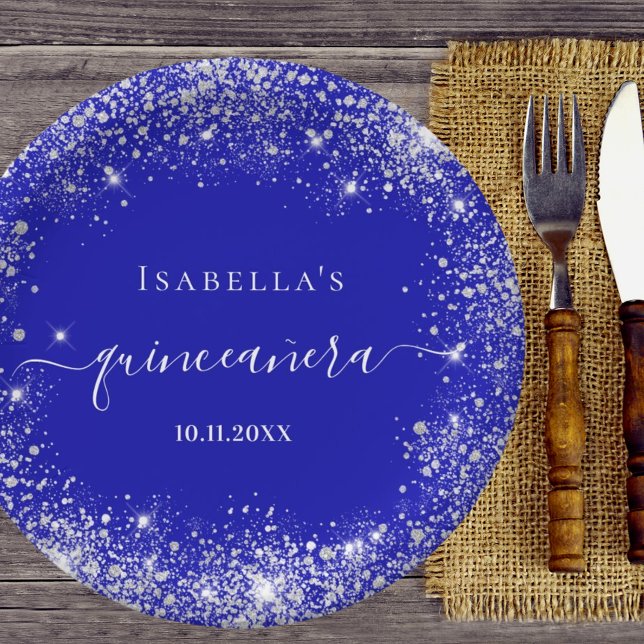 Quinceanera royal blue silver glitter monogram paper plate (Creator Uploaded)