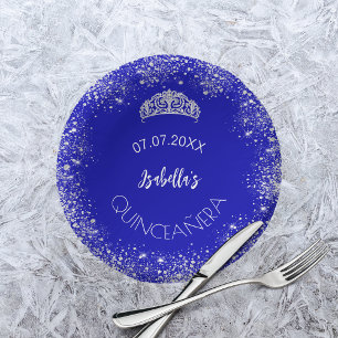 Quinceanera royal blue silver glitter name paper plate