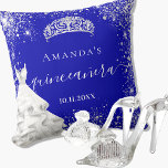 Quinceanera royal blue silver glitter tiara dress cushion<br><div class="desc">For an elegant Quinceañera,  15th birthday.  A trendy royal blue background colour,   the blue colour is uneven. Decorated with faux silver glitter dust, a tiara crown and a dress. Personalise and add a name,  age and a date. Quinceañera is written with a modern hand lettered style script with swashes.</div>