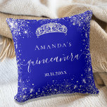 Quinceanera royal blue silver glitter tiara name cushion<br><div class="desc">For an elegant Quinceañera,  15th birthday.  A trendy royal blue background colour. Decorated with faux silver glitter dust, a tiara crown. Personalise and add a name,  age and a date. Quinceañera is written with a modern hand lettered style script with swashes.</div>