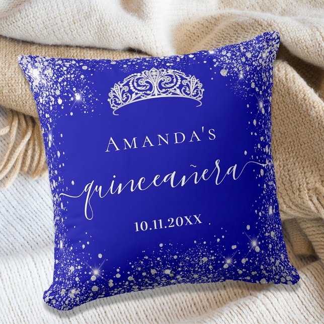 Quinceanera royal blue silver glitter tiara name cushion (Creator Uploaded)