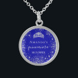 Quinceanera royal blue silver glitter tiara name sterling silver necklace<br><div class="desc">For an elegant Quinceañera,  15th birthday.  A trendy royal blue background colour. Decorated with faux silver glitter dust, a tiara crown. Personalise and add a name,  age and a date. Quinceañera is written with a modern hand lettered style script with swashes.</div>