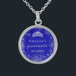 Quinceanera royal blue silver glitter tiara name sterling silver necklace<br><div class="desc">For an elegant Quinceañera,  15th birthday.  A trendy royal blue background colour. Decorated with faux silver glitter dust, a tiara crown. Personalise and add a name,  age and a date. Quinceañera is written with a modern hand lettered style script with swashes.</div>