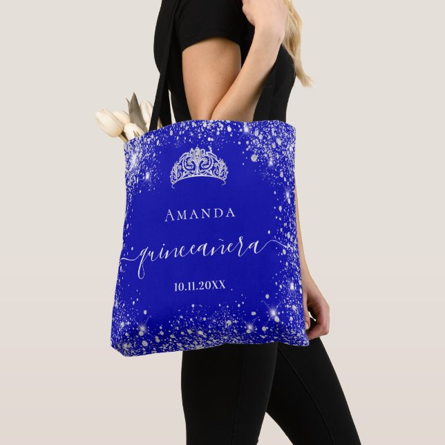Quinceanera royal blue silver glitter tiara name tote bag (Close Up)