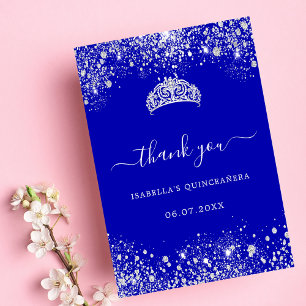 Quinceanera royal blue silver glitter tiara thank you card