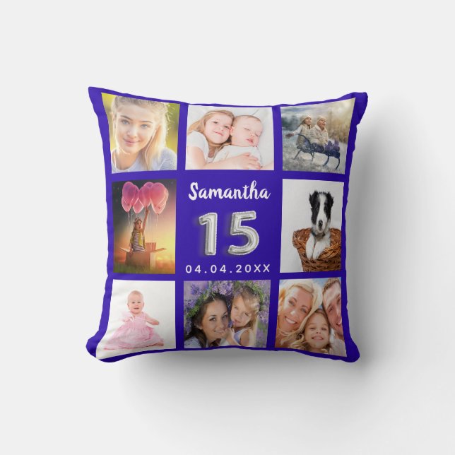 Quinceanera royal blue silver photo collage cushion (Front)