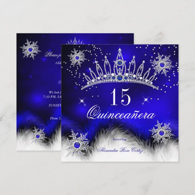 Quinceanera Royal Blue Snowflake 15th Birthday Invitation (Front/Back)