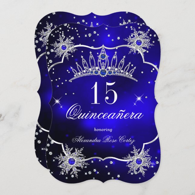 Quinceanera Royal Blue Snowflake Tiara 15th Party Invitation (Front/Back)
