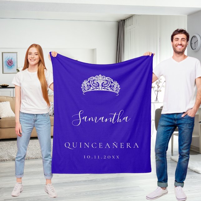 Quinceanera royal blue tiara crown name fleece blanket (Creator Uploaded)