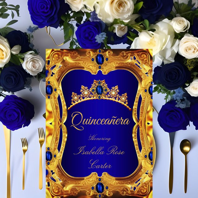 Quinceanera Royal Blue Ultra Gold Tiara Party Invitation (Creator Uploaded)
