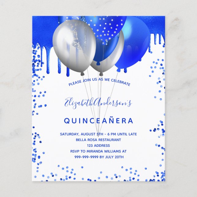 Quinceanera royal blue white budget invitation flyer (Front)