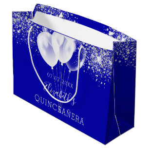 Quinceanera royal blue white glitter balloons large gift bag