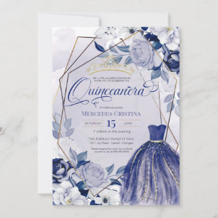 Quinceañera royal navy blue elegant fancy Tiara Invitation